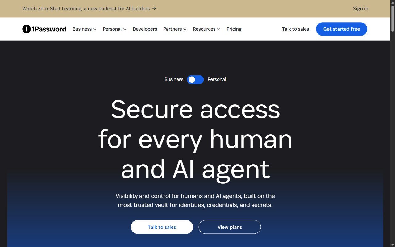 1Password homepage showing the password manager with vaults, Watchtower breach alerts, and passkey support across devices