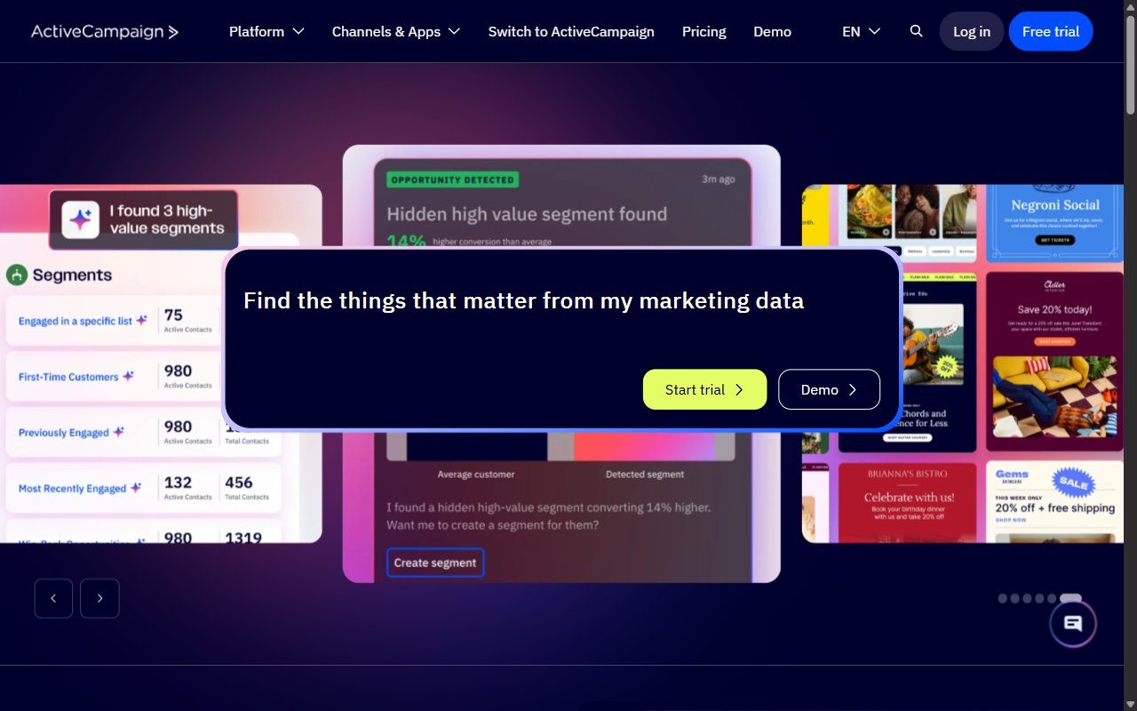 ActiveCampaign homepage showing the marketing automation platform with visual journey builder, email campaigns, and CRM features