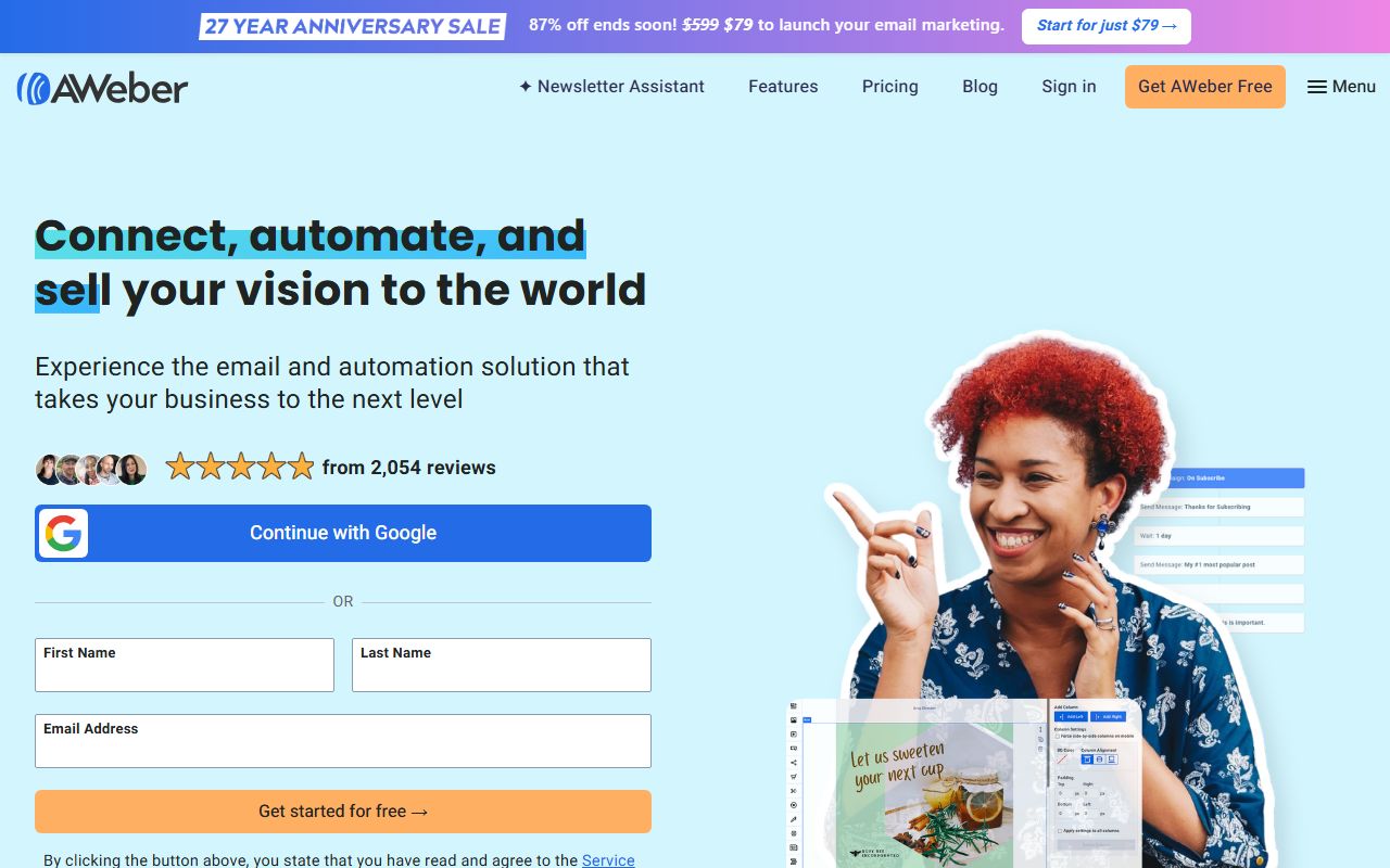 AWeber homepage showing the email marketing platform for small businesses and creators with autoresponder and free plan options