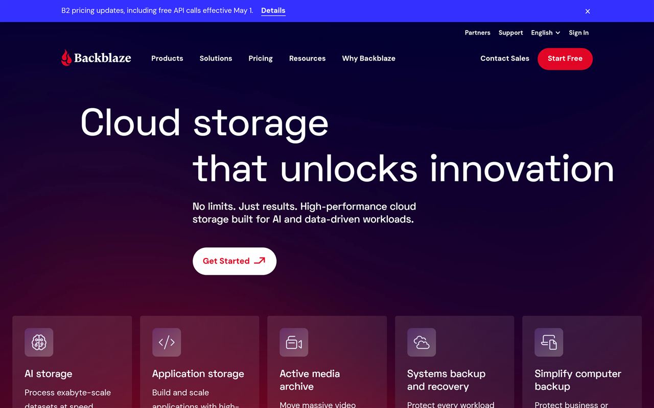 Backblaze homepage showing the unlimited cloud backup service with set-and-forget automatic backup, flat pricing, and physical-drive restore