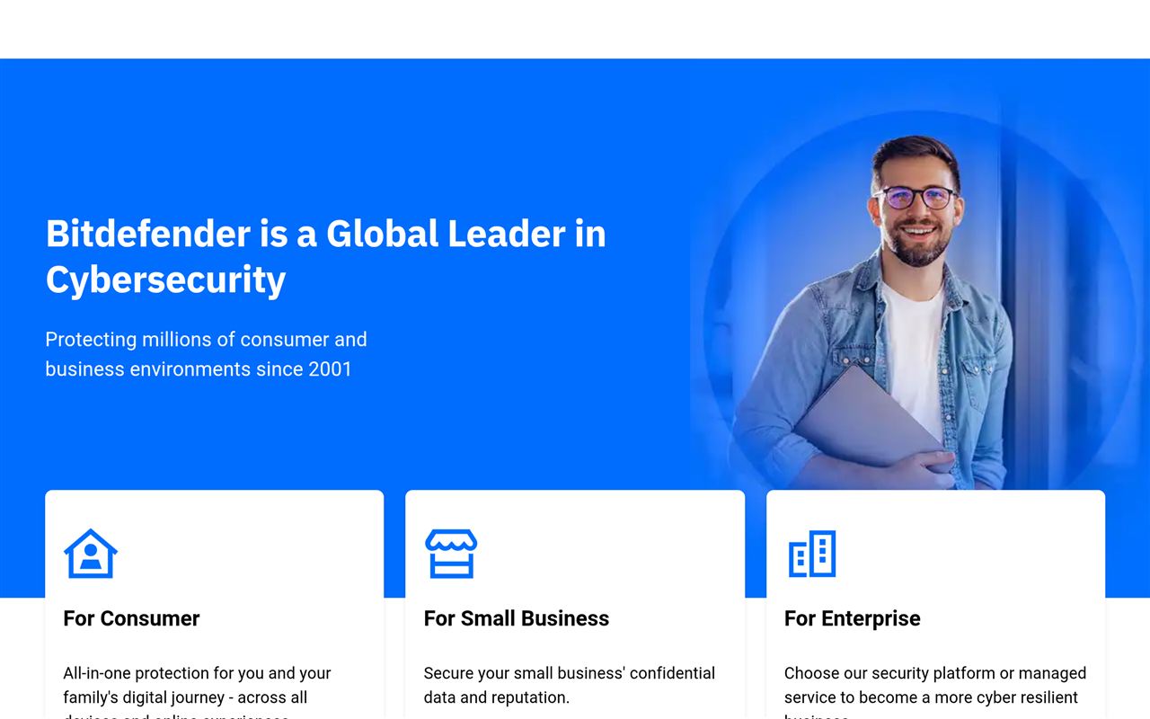 Bitdefender homepage showing the antivirus and internet security suite with malware protection, VPN, ransomware protection, and anti-tracker