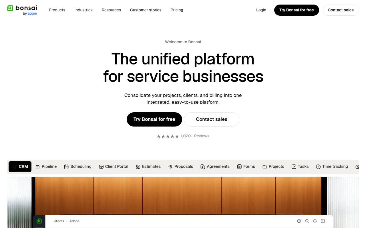 Bonsai homepage showing the all-in-one freelancer business suite with contracts, invoices, time tracking, and tax tools at hellobonsai.com
