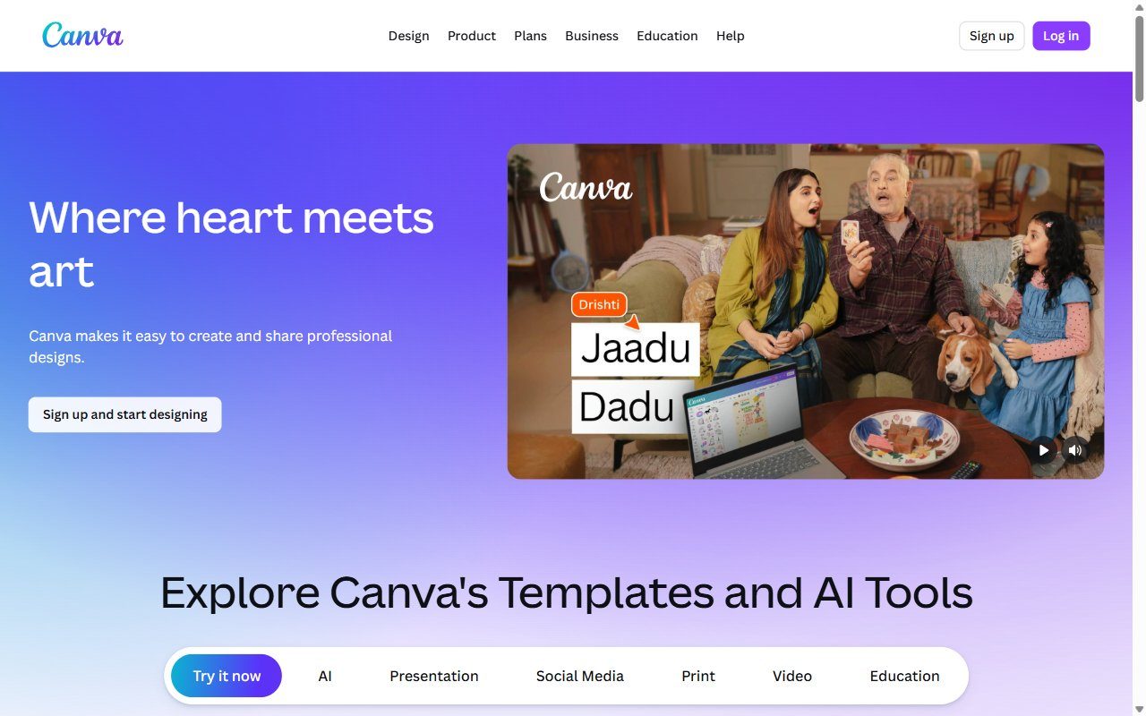 Canva homepage showing the drag-and-drop design editor with social media templates, presentations, and Magic Studio AI tools for non-designers
