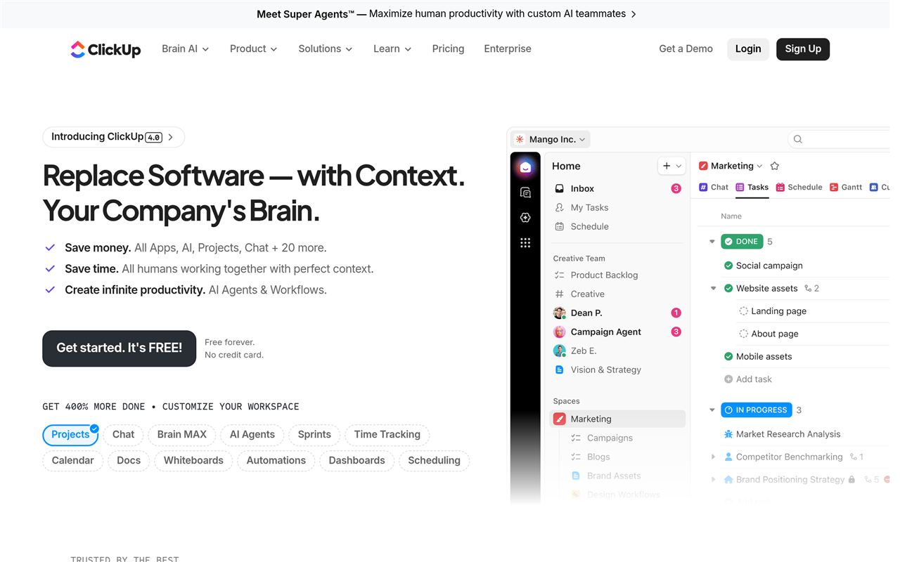 ClickUp homepage showing the Replace Software with Context headline, free signup CTA, feature pills for Projects Chat Brain MAX AI Agents Sprints Time Tracking, and a live app preview