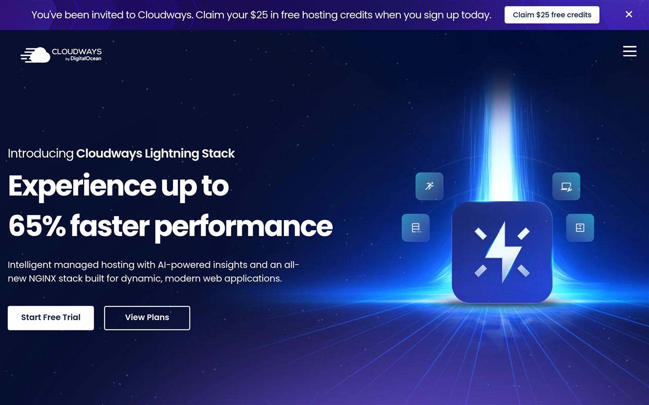 Cloudways homepage showing the Lightning Stack headline promising 65 percent faster performance, $25 free hosting credit banner, and Start Free Trial plus View Plans buttons