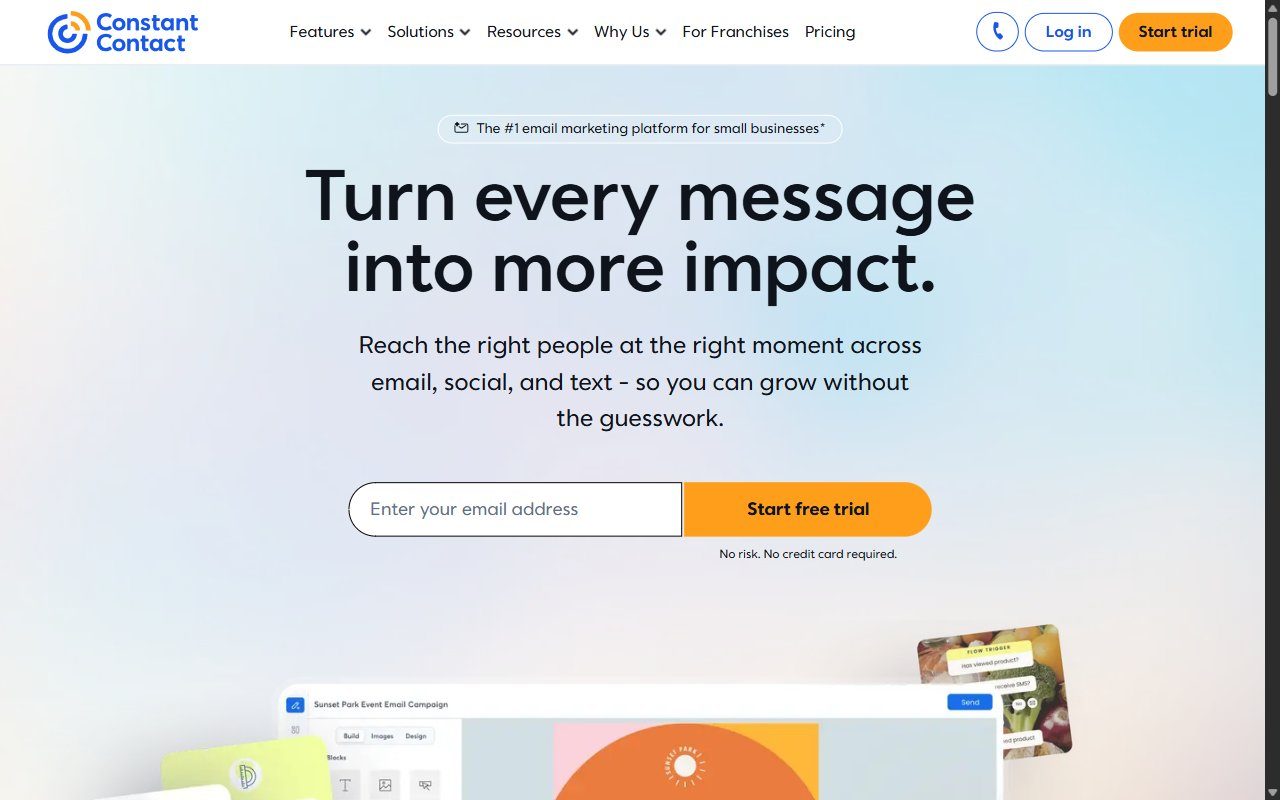 Constant Contact homepage showing the email marketing platform for small businesses with drag-and-drop email builder and event registration tools