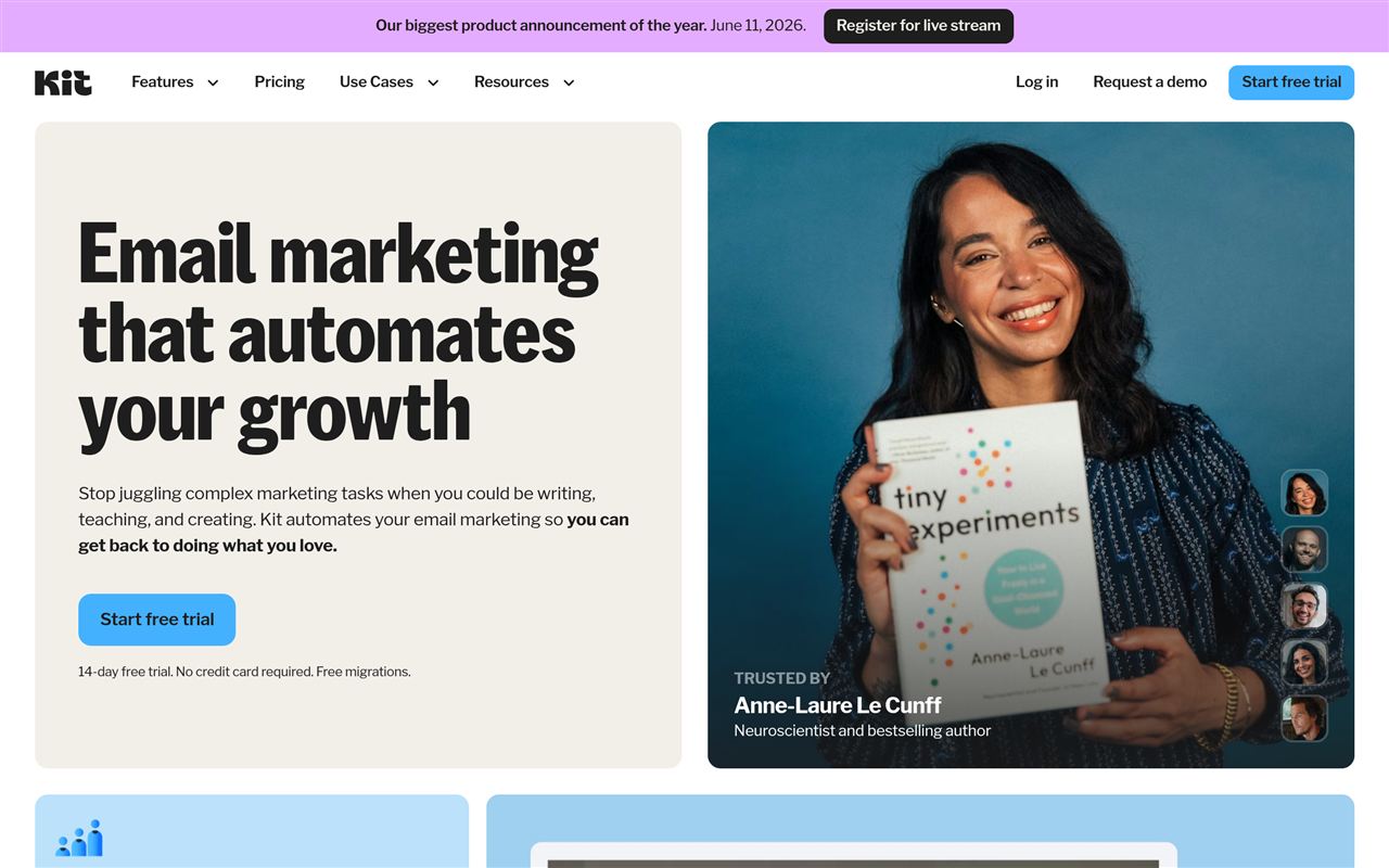 ConvertKit (Kit) homepage showing the email marketing platform for creators with automation, forms, and paid newsletters