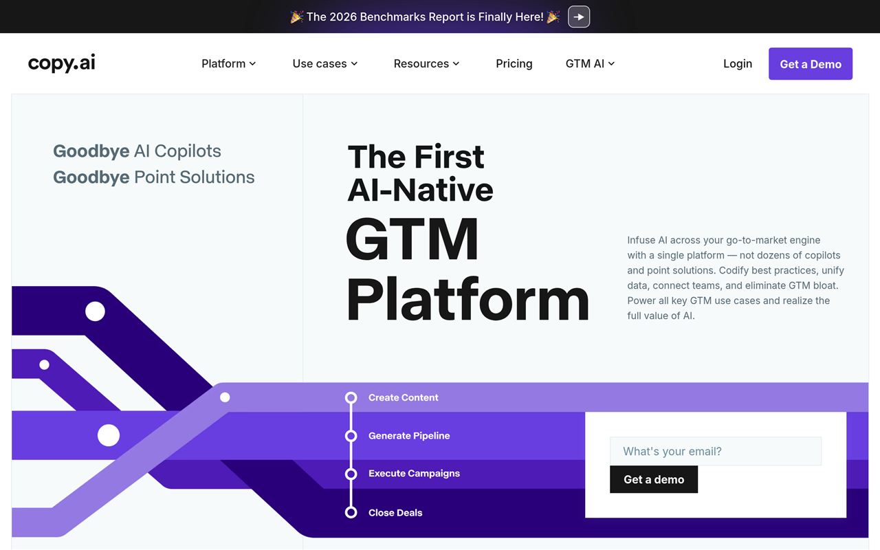 Copy.ai homepage showing the AI copywriting and go-to-market platform with free plan signup and workflow features