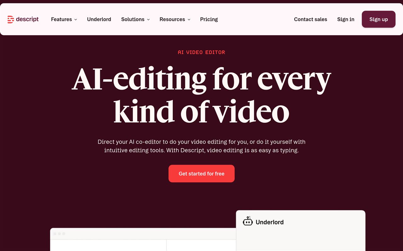 Descript homepage showing the AI audio and video editor that lets you edit media by editing the transcript