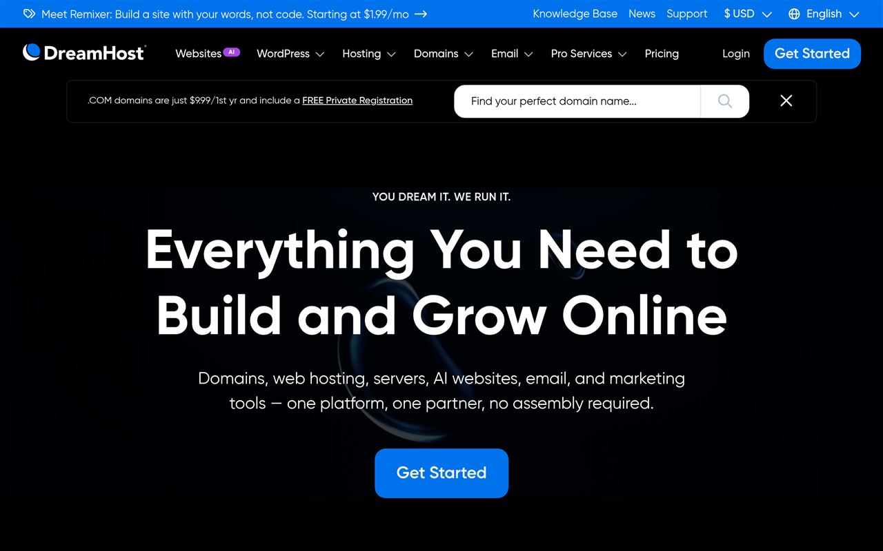 DreamHost homepage showing the honest web host with month-to-month billing, a 97-day money-back guarantee, and privacy-first hosting