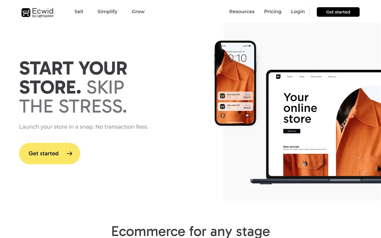 Ecwid homepage showing the add-a-store tool that embeds ecommerce into any existing website and sells across social and marketplaces