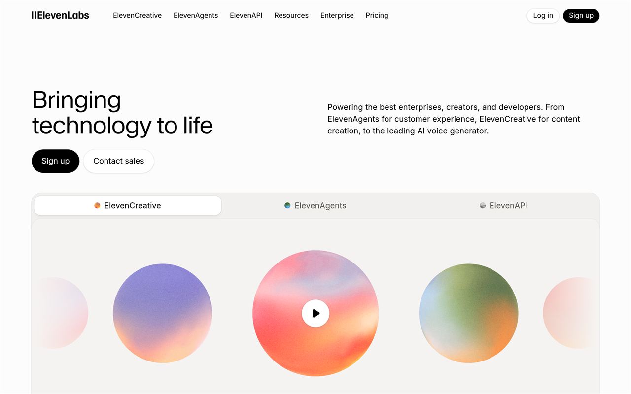 ElevenLabs homepage showing the AI voice and text-to-speech platform with voice cloning and multilingual dubbing