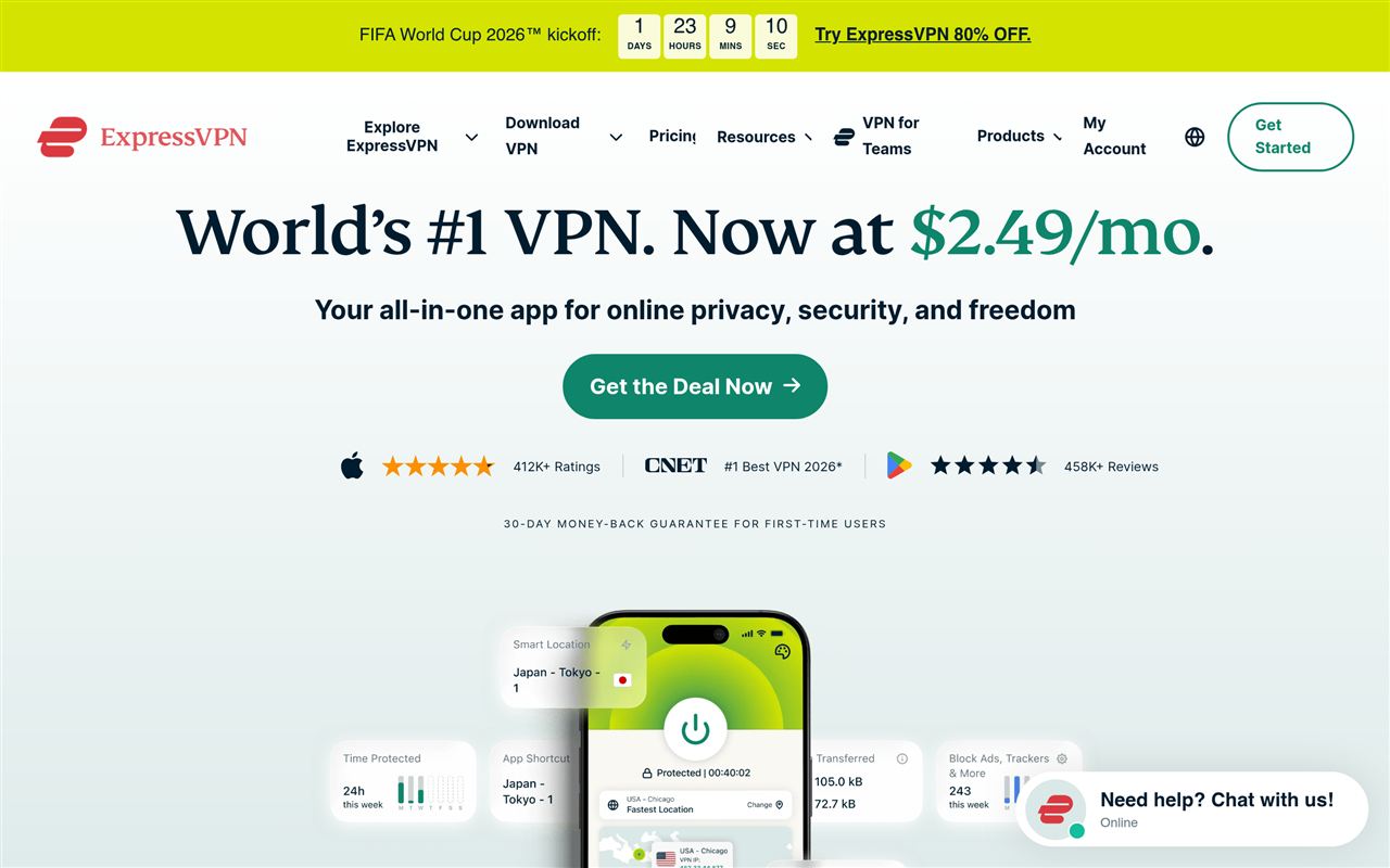 ExpressVPN homepage showing the premium VPN with Lightway protocol, TrustedServer RAM-only technology, and apps across devices