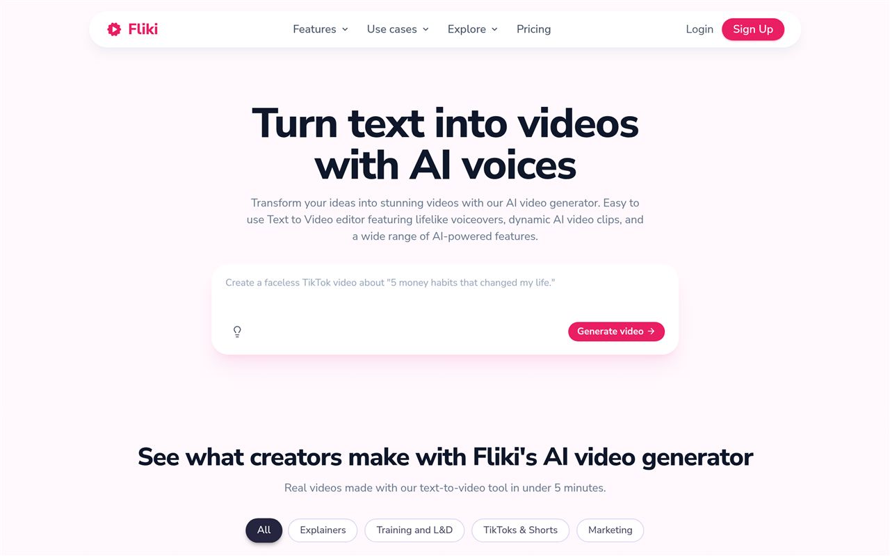 Fliki homepage showing the all-in-one AI text-to-video and text-to-speech platform for faceless content