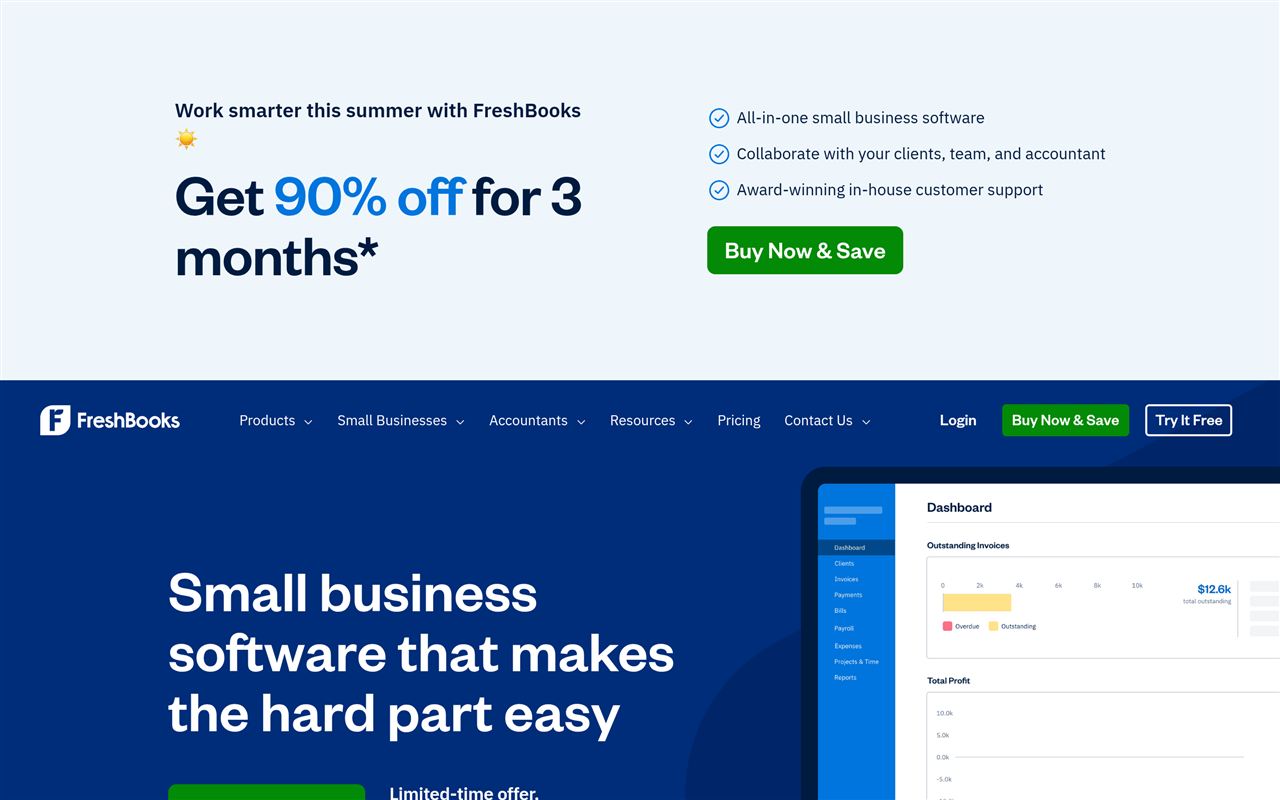 FreshBooks homepage showing the accounting and invoicing software for freelancers and small businesses with time tracking and expenses