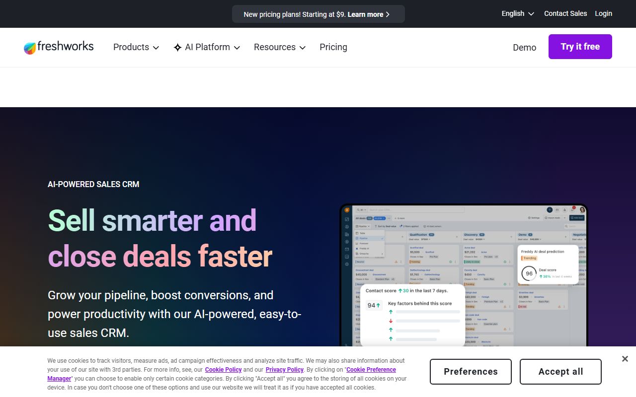 Freshsales CRM dashboard showing pipeline view, lead scoring, and built-in calling interface for sales teams