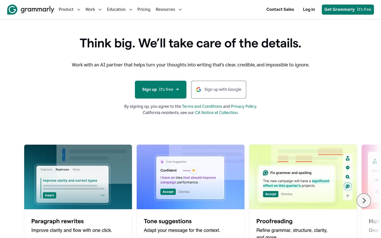 Grammarly homepage showing the AI writing assistant for grammar, tone, clarity, and generative writing across apps