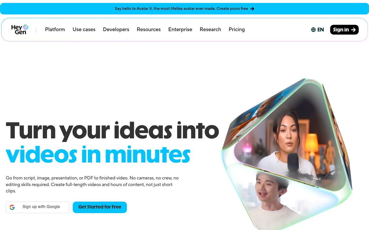 HeyGen homepage showing the AI avatar video platform with realistic avatars, voice cloning, and video translation