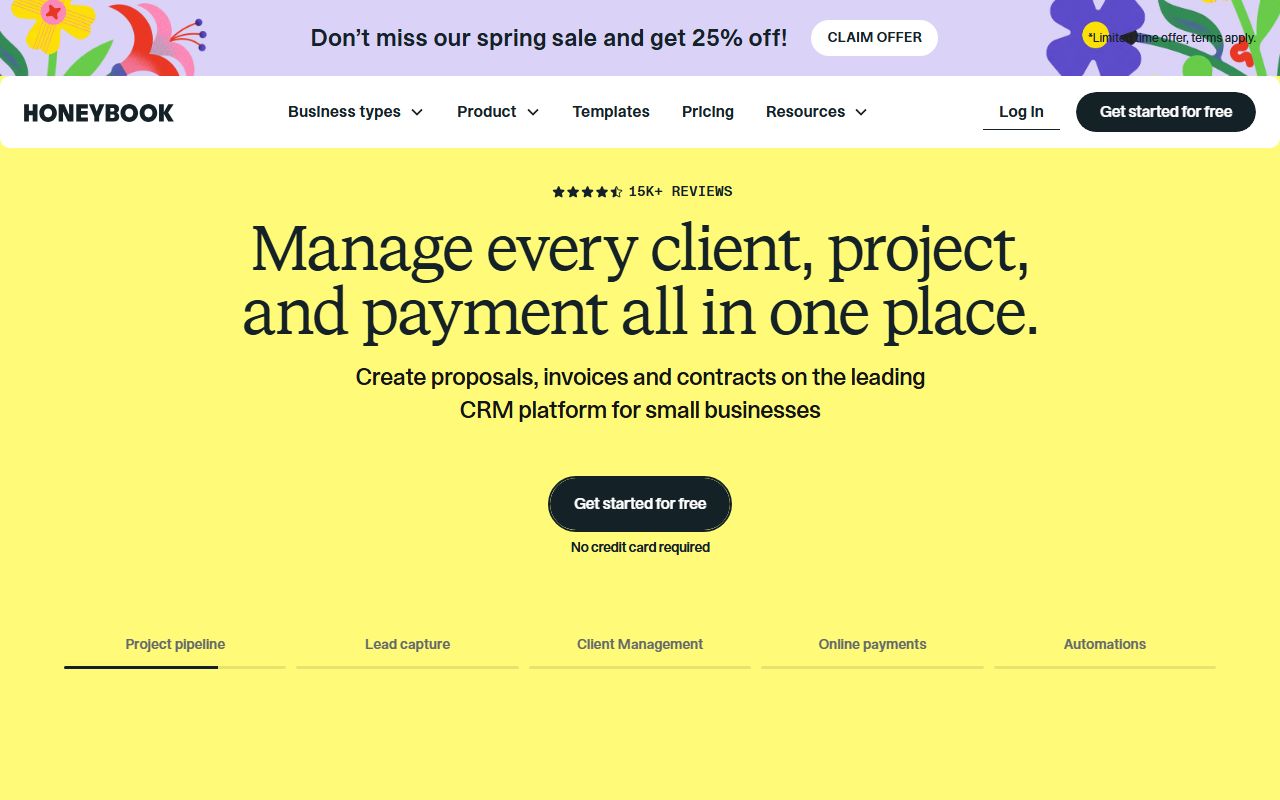 HoneyBook clientflow platform homepage showing proposal, contract, and invoicing tools for independent service businesses and creative freelancers