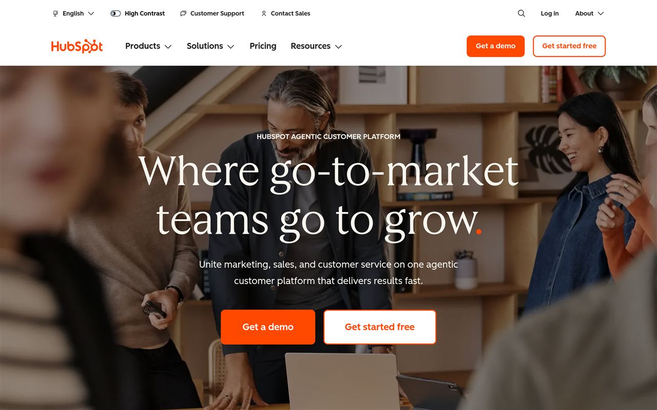 HubSpot homepage showing the Where go-to-market teams go to grow headline, Get a demo and Get started free buttons, and navigation for Products, Solutions, Pricing, and Resources