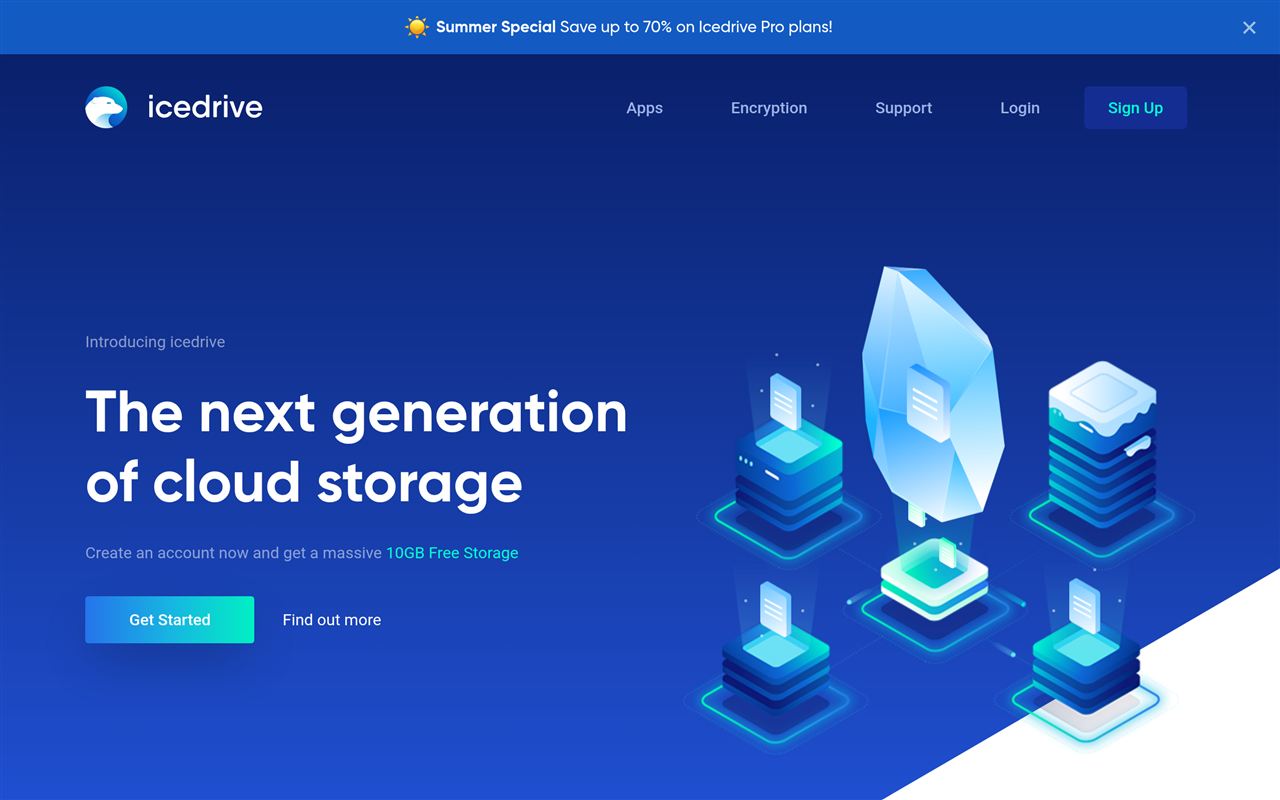Icedrive homepage showing the budget cloud storage with Twin-Crypto encryption, sleek apps, and lifetime plans