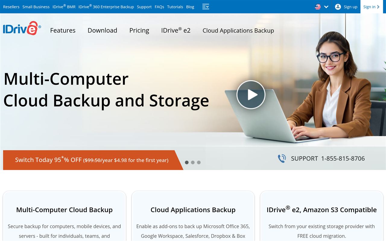 IDrive homepage showing the cloud backup service for unlimited devices with versioning, disk-image backup, and IDrive Express physical shipping