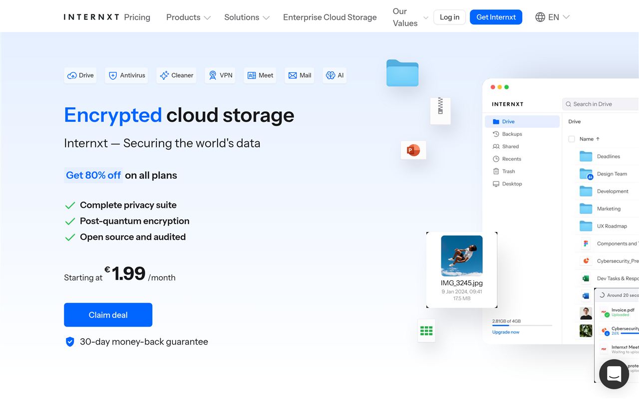 Internxt homepage showing the open-source zero-knowledge cloud storage with end-to-end encryption, European base, and lifetime plans