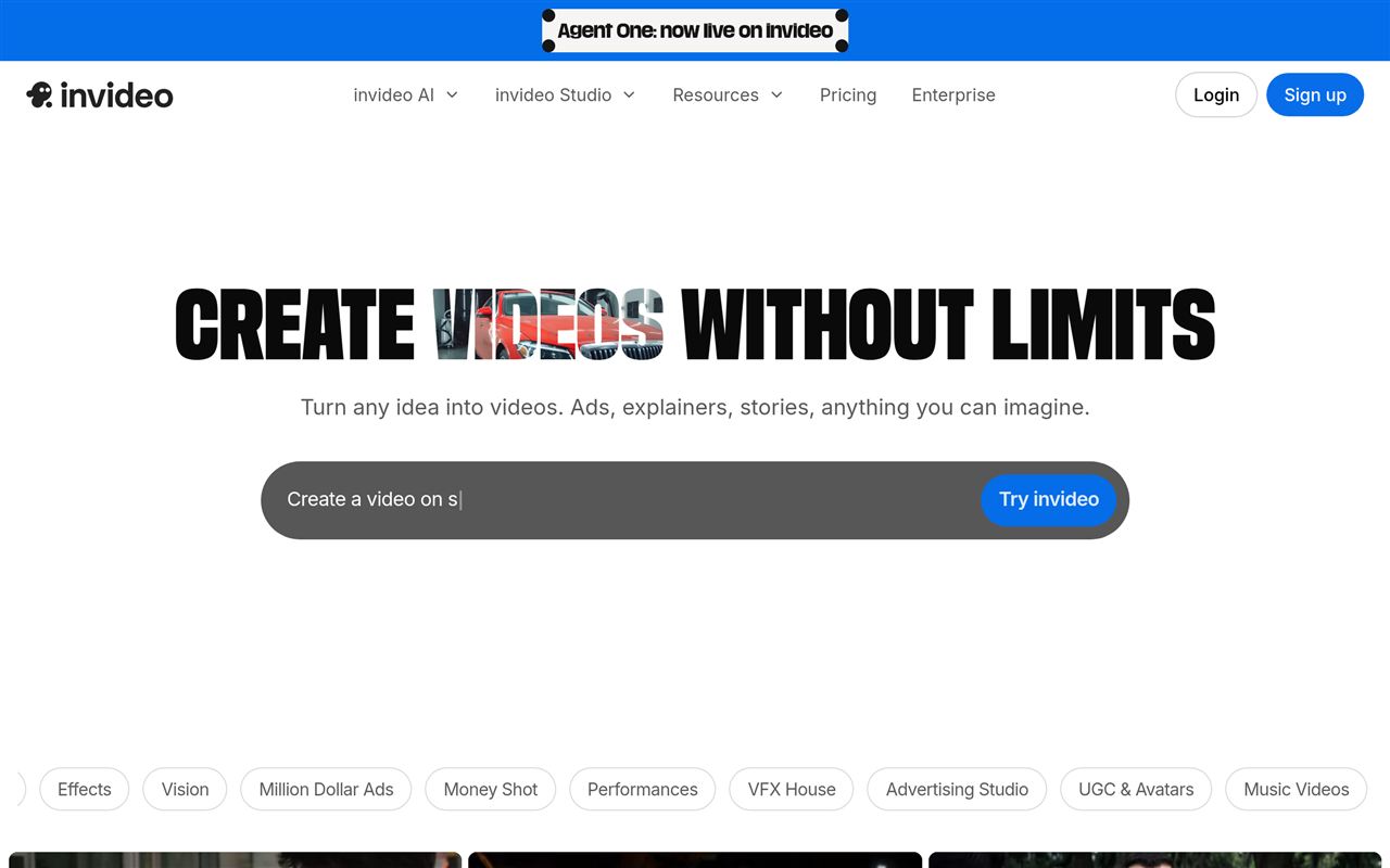 InVideo AI homepage showing the text-to-video platform that generates videos from prompts with conversational editing