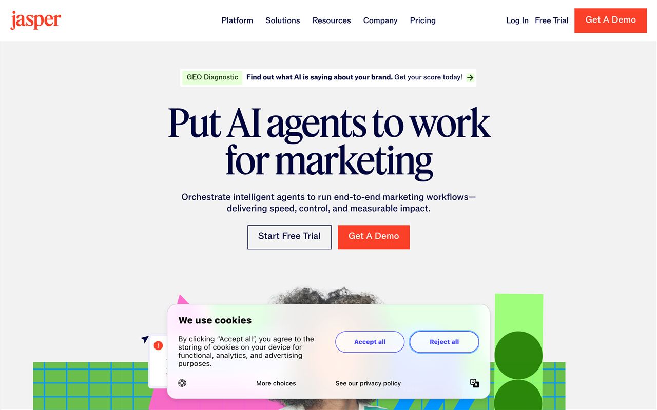 Jasper AI homepage showing the AI writing and marketing platform with brand voice, templates, and campaign features