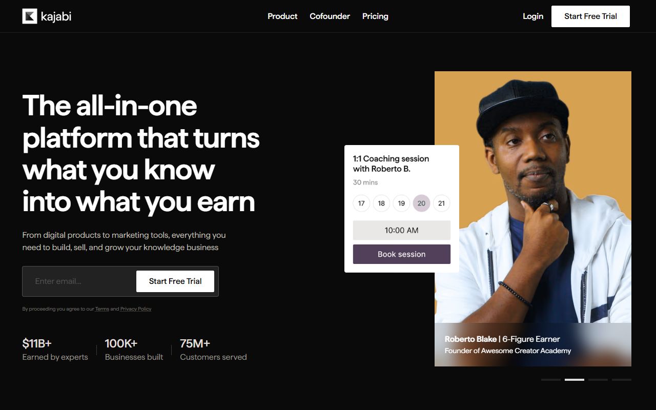 Kajabi homepage showing the all-in-one platform for online courses, memberships, email marketing, and sales funnels for knowledge creators