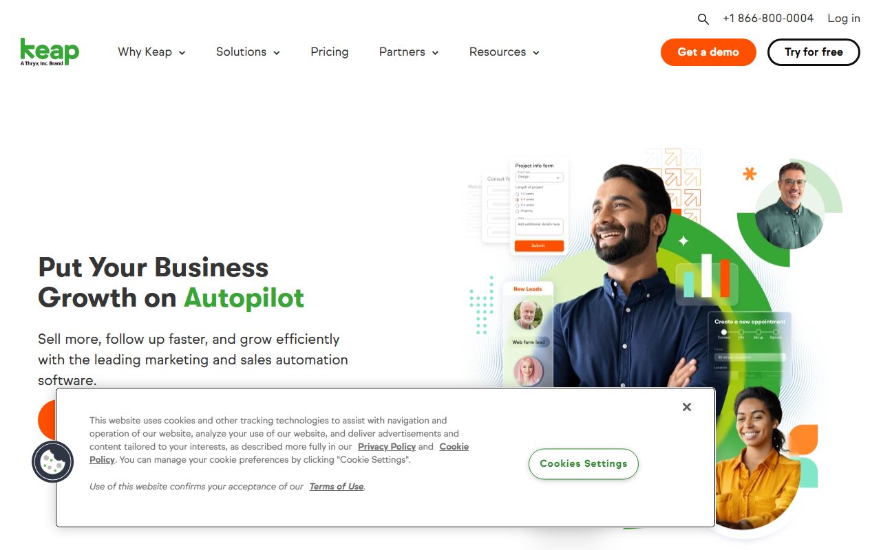 Keap CRM and marketing automation platform homepage for small businesses showing pipeline, automation, and payments features