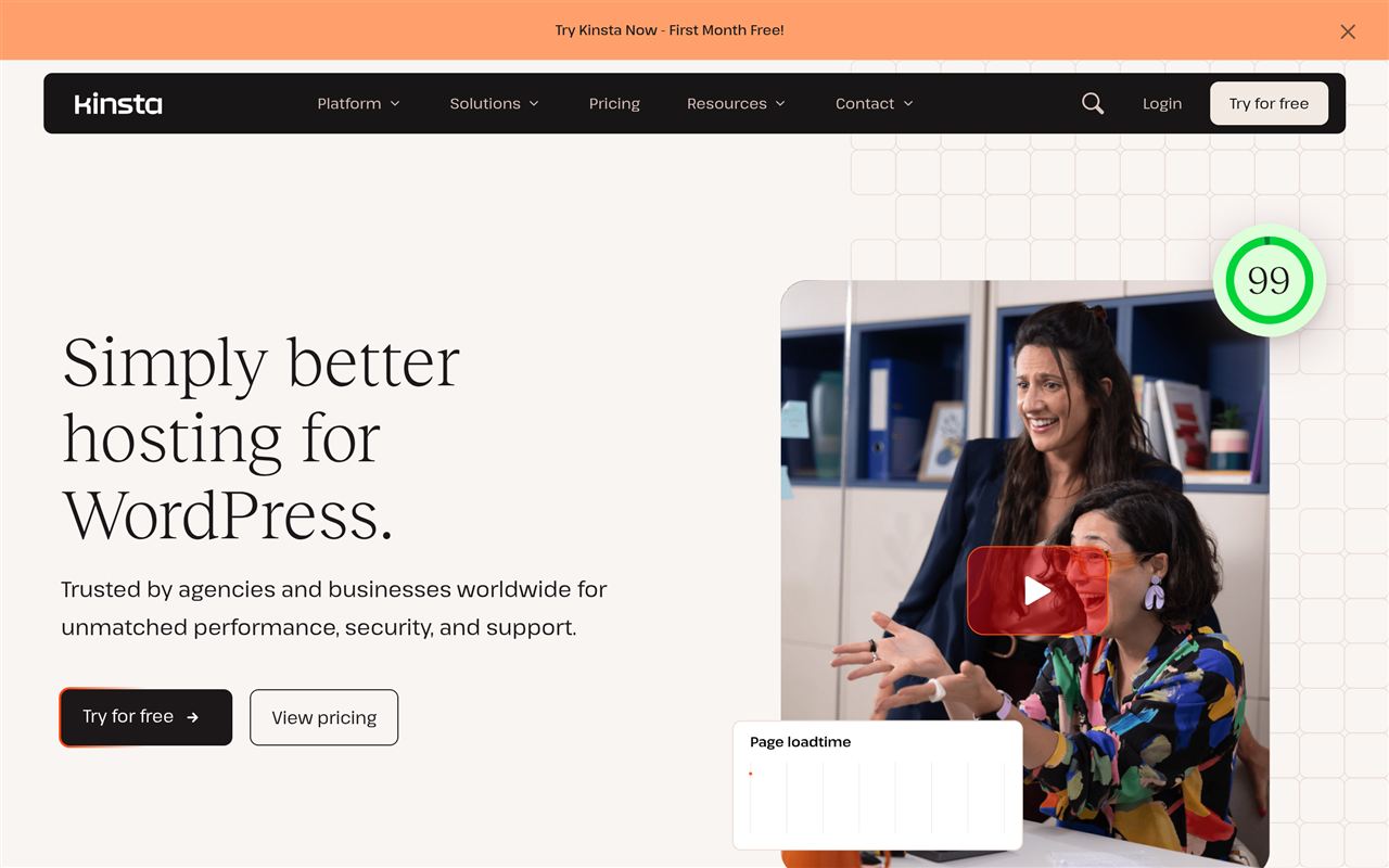 Kinsta homepage showing the premium managed WordPress host on Google Cloud with fast speeds, the MyKinsta dashboard, and expert support