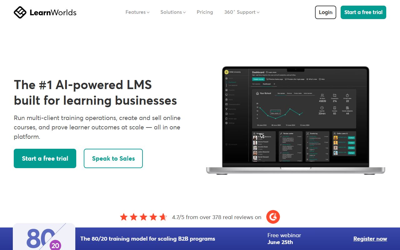 LearnWorlds homepage showing the online course platform with interactive video, white-label school builder and mobile app for professional course creators