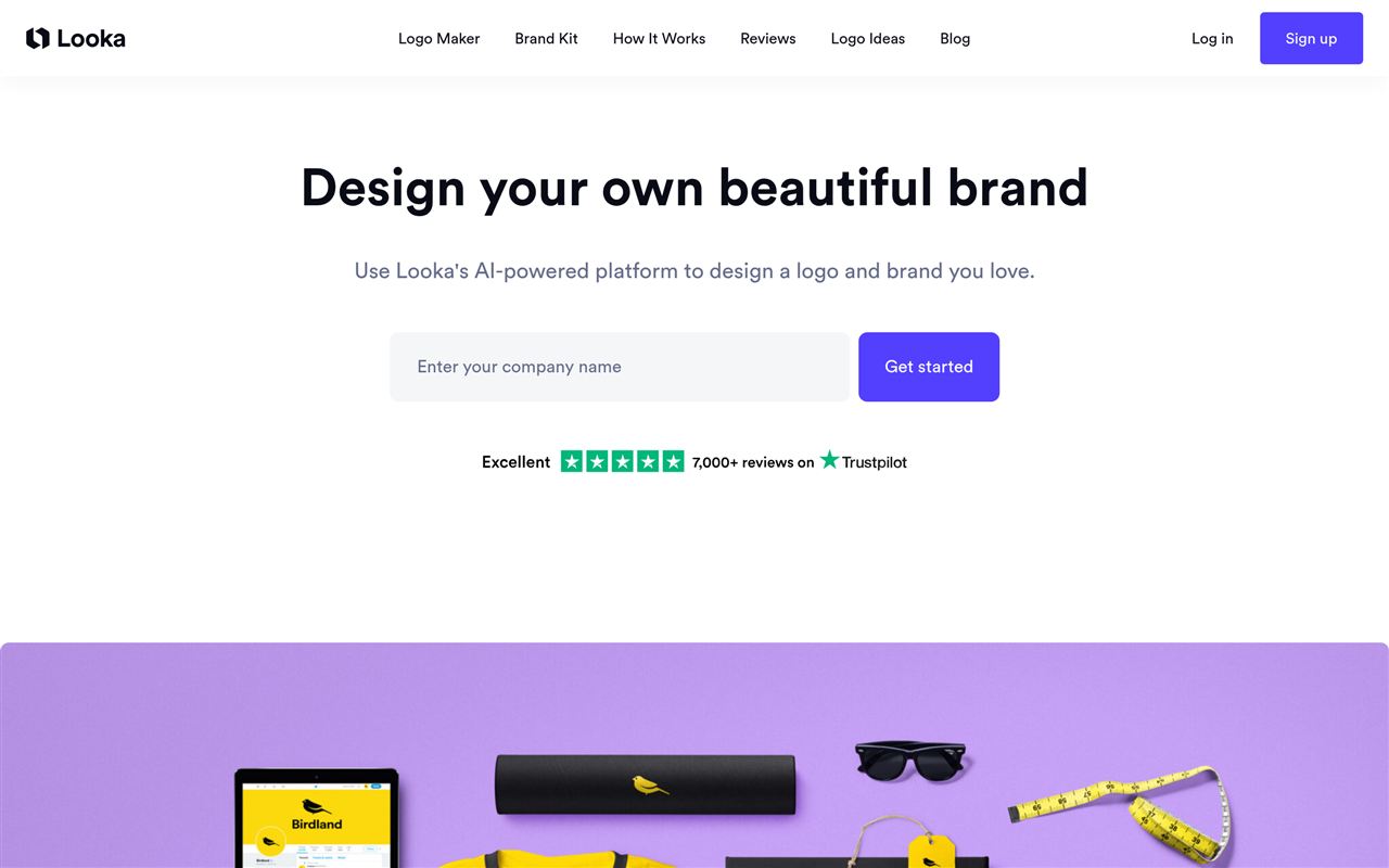 Looka homepage showing the AI logo maker that generates professional logos and brand kits from a few inputs