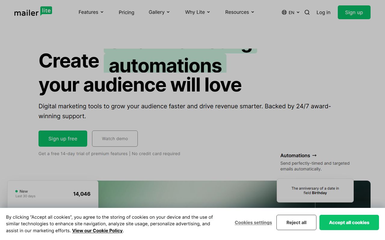 MailerLite homepage showing the email marketing platform with automation builder and landing page tools for small businesses and creators