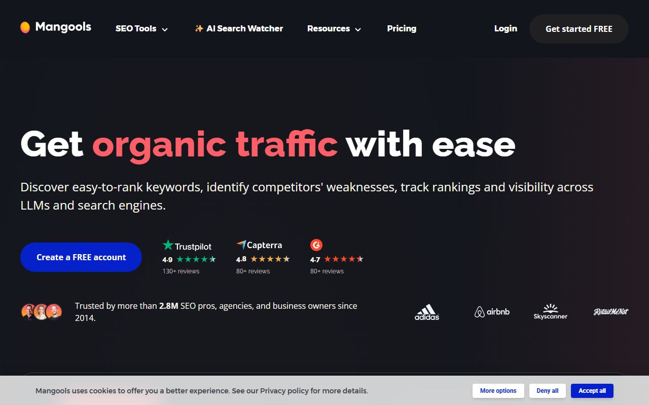 Mangools SEO tools homepage showing KWFinder keyword research and SERPWatcher rank tracking suite for small businesses and bloggers