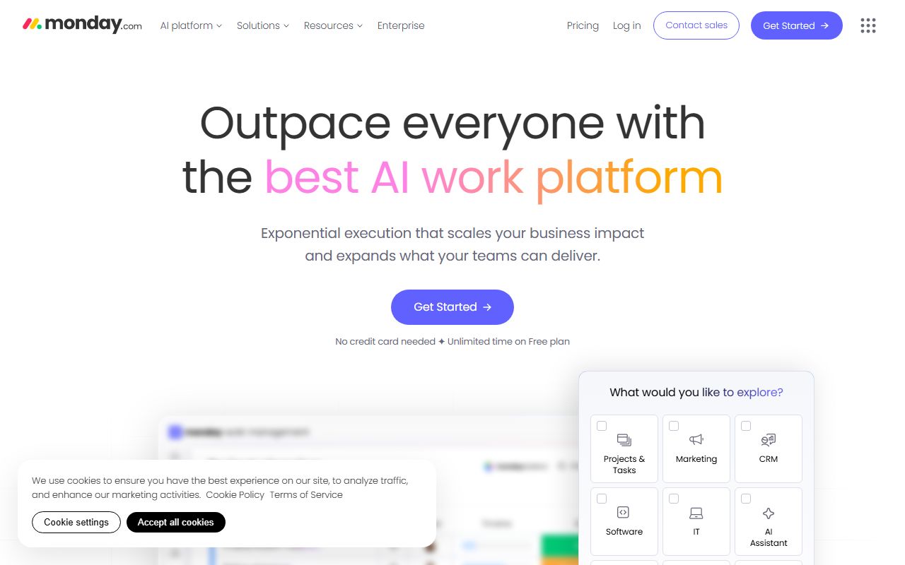 monday.com homepage showing the visual Work OS platform with colorful project boards, dashboards, and automation features for teams