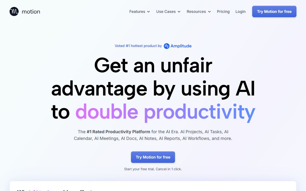 Motion AI calendar app homepage showing the auto-scheduling interface for tasks and meetings with time blocking