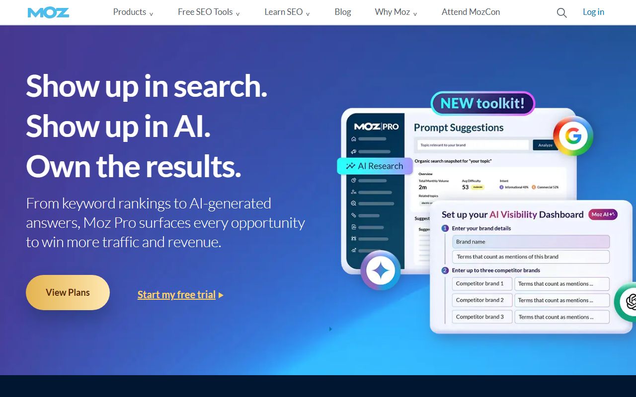 Moz Pro homepage showing the SEO suite with keyword explorer, rank tracking, and Domain Authority metrics for site analysis