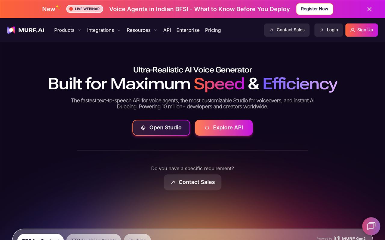 Murf AI homepage showing the all-in-one AI voiceover studio with voice generation, video and slide sync, and editing