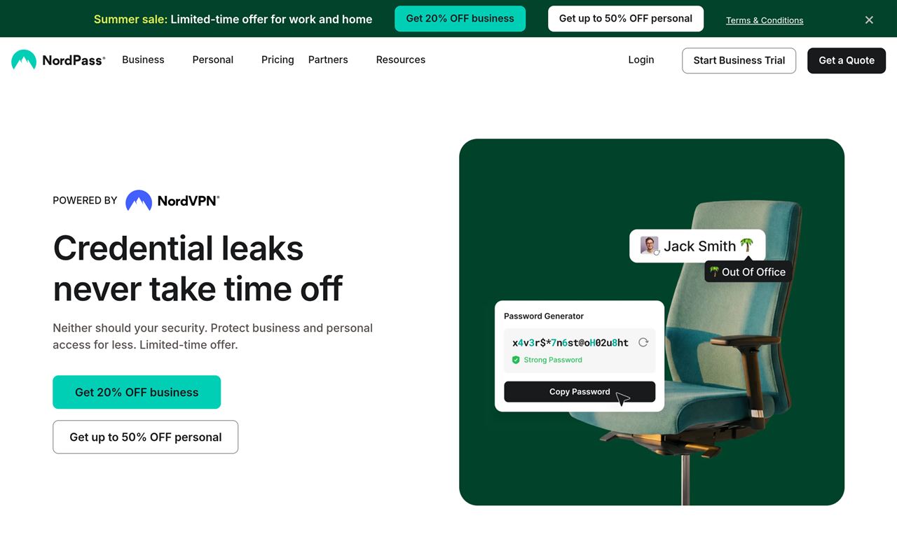 NordPass homepage showing the password manager with zero-knowledge encryption, autofill, passkeys, and data breach scanner
