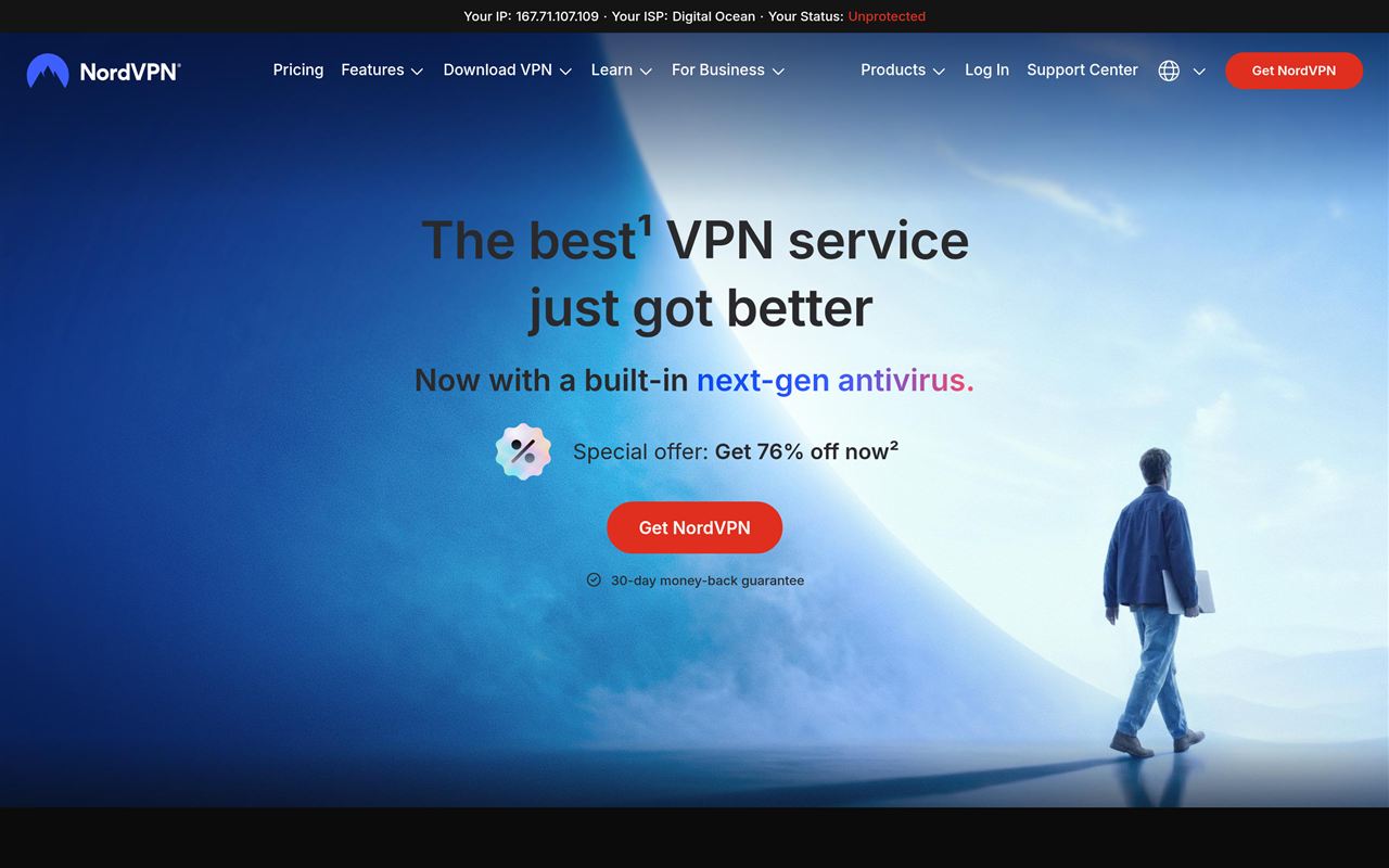 NordVPN homepage showing the VPN service with fast servers, no-logs privacy, threat protection, and apps across devices