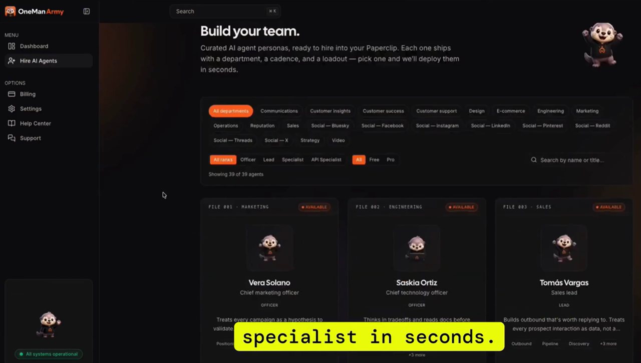 OneManArmy 'Hire AI Agents' dashboard showing curated AI agent personas filtered by department and rank