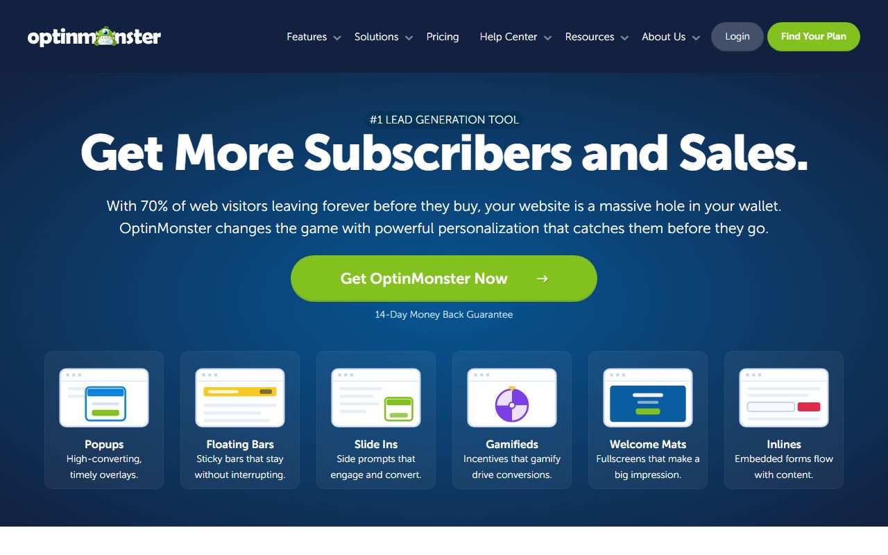 OptinMonster homepage showing lead generation popup builder with exit-intent and targeting features for email list growth
