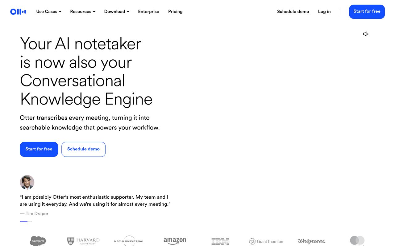 Otter.ai homepage showing the AI meeting assistant that transcribes calls in real time and writes summaries with action items