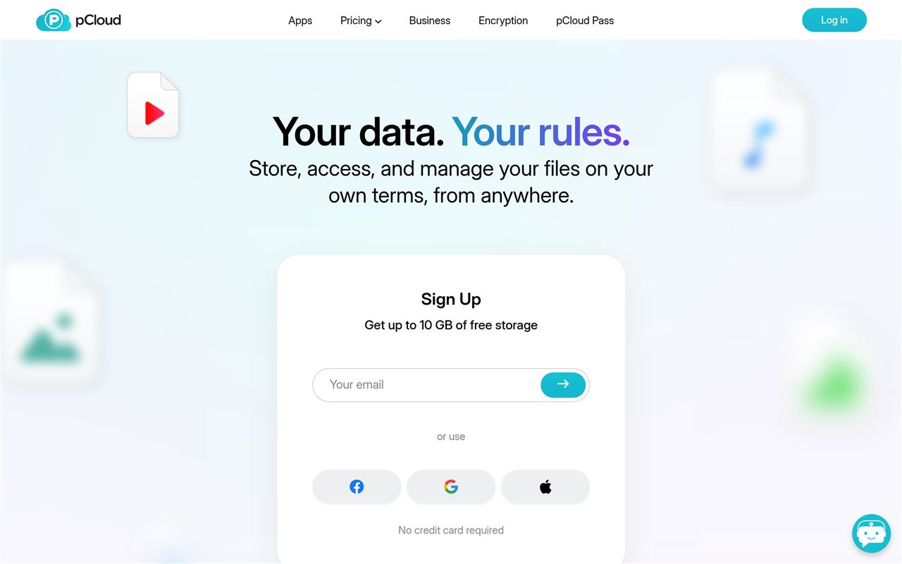 pCloud homepage showing the Your data. Your rules. headline, a 10GB free signup form, and the Apps, Pricing, Business, Encryption, and pCloud Pass navigation