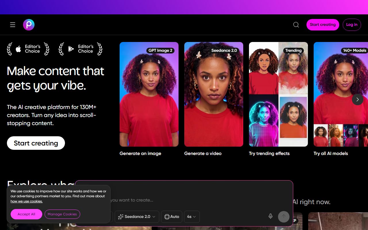 Picsart homepage showing the mobile-first photo and video editor with AI tools, sticker library, and social content creation features