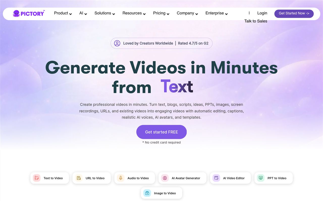Pictory homepage showing the AI text-to-video platform that turns blog posts and scripts into captioned videos