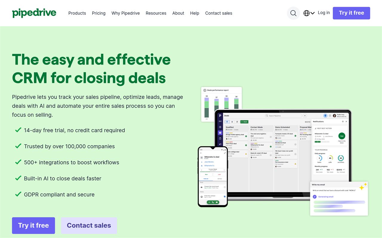 Pipedrive homepage showing the sales CRM with a visual pipeline, deal stages, and activity-based selling