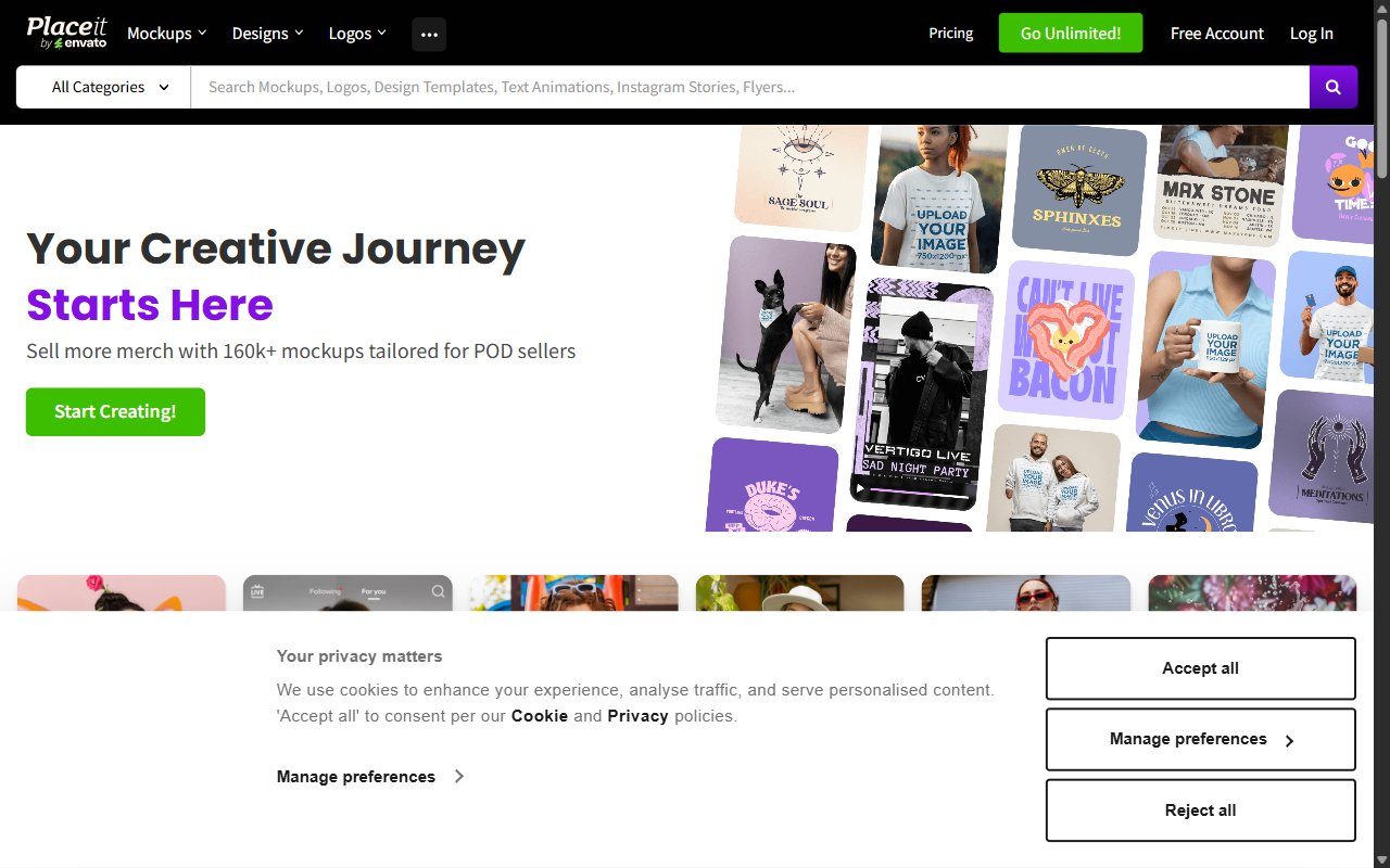 Placeit homepage showing the mockup generator, logo maker, and design templates for merch sellers, streamers, and small brands by Envato